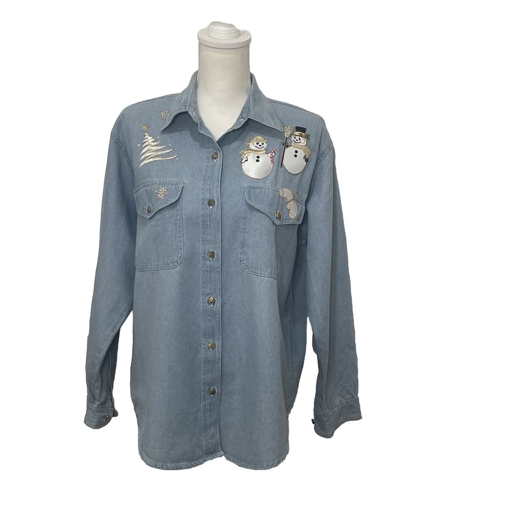 Vintage Tia Designs Button Up Chambray Shirt Holiday Snowman Appliqués U…
